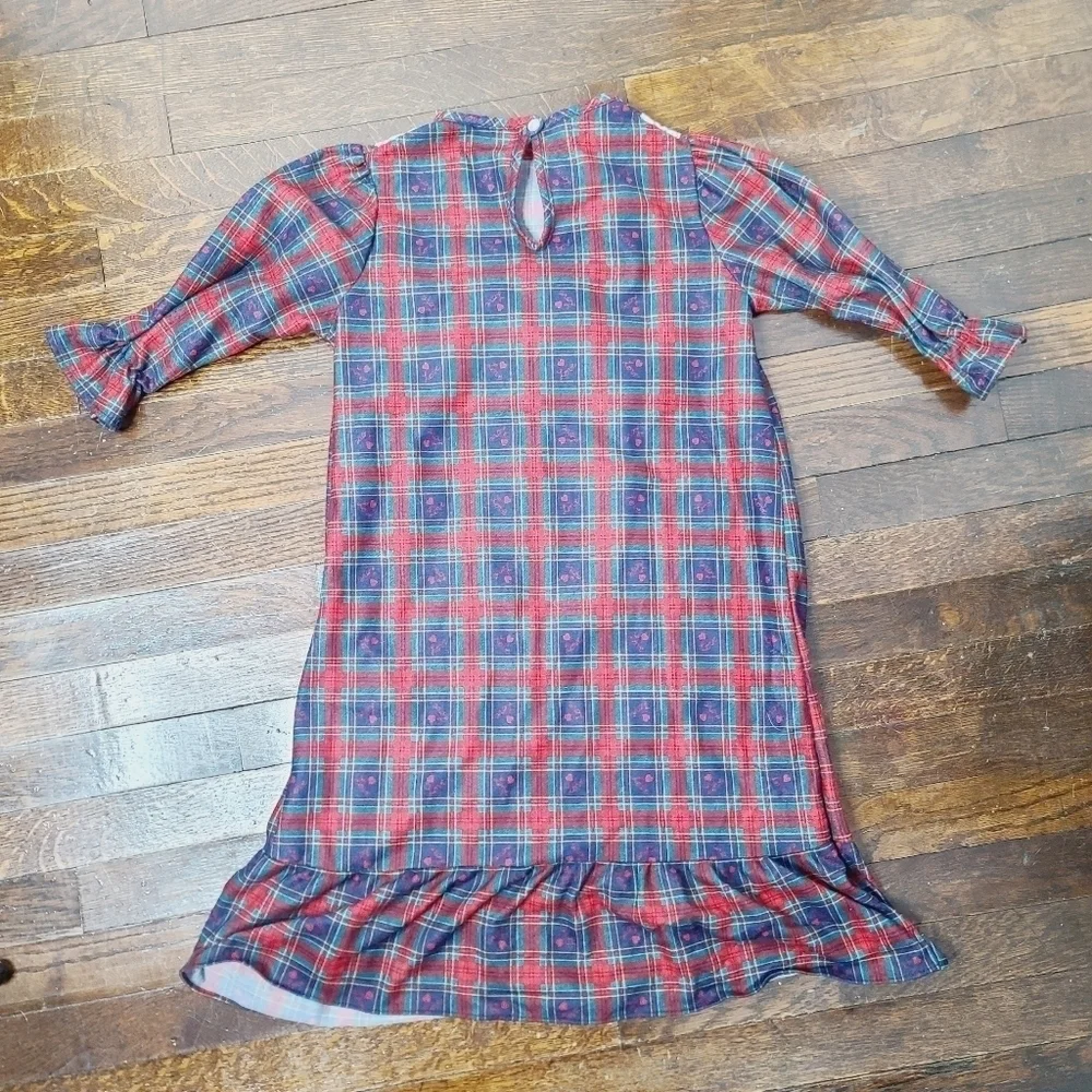 Vintage 90s Girls Red Green Plaid Hearts Ruffle Night Gown Dress size 4